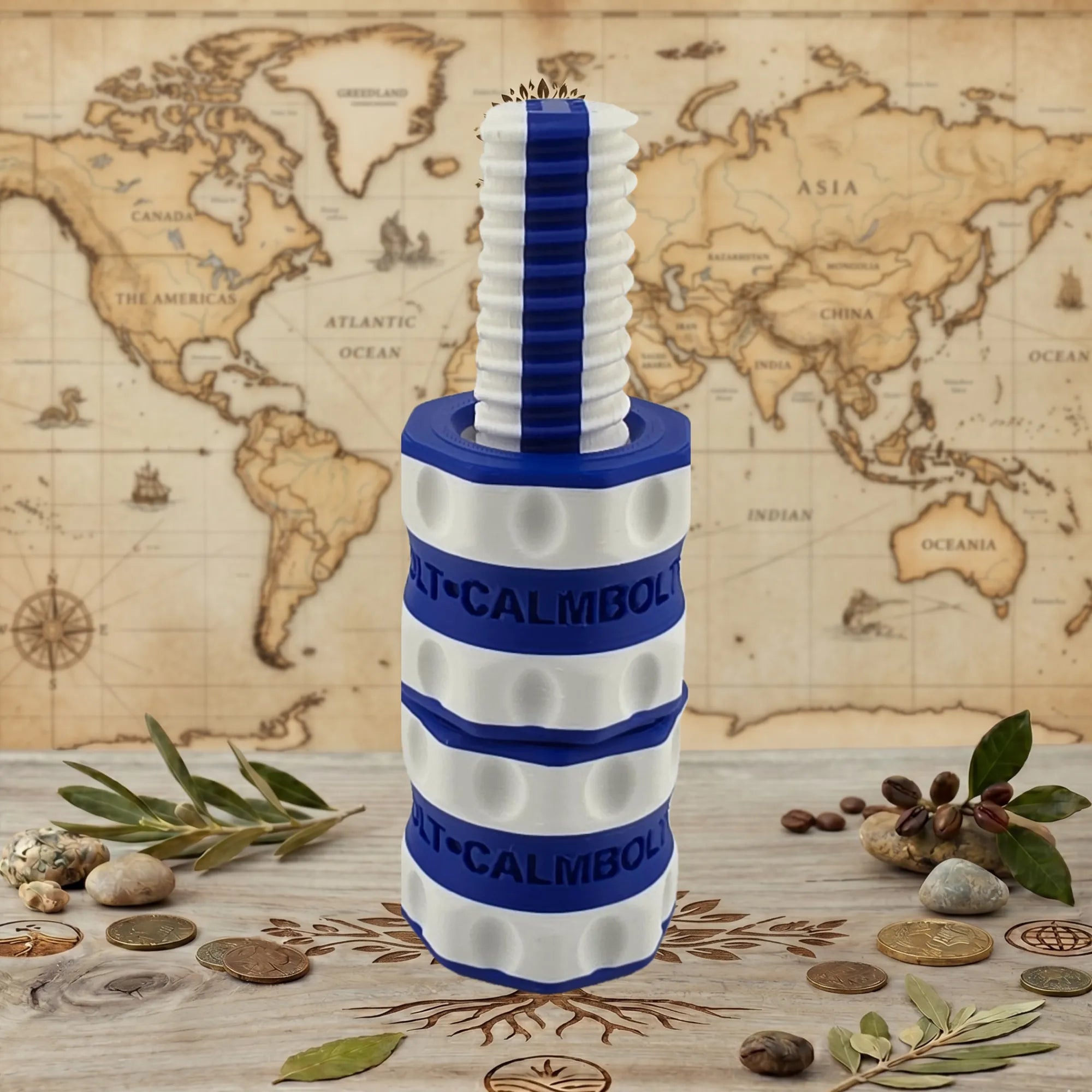 CalmBolt Blue Crest deep blue and white rotating fidget inspired by shared color traditions across cultures