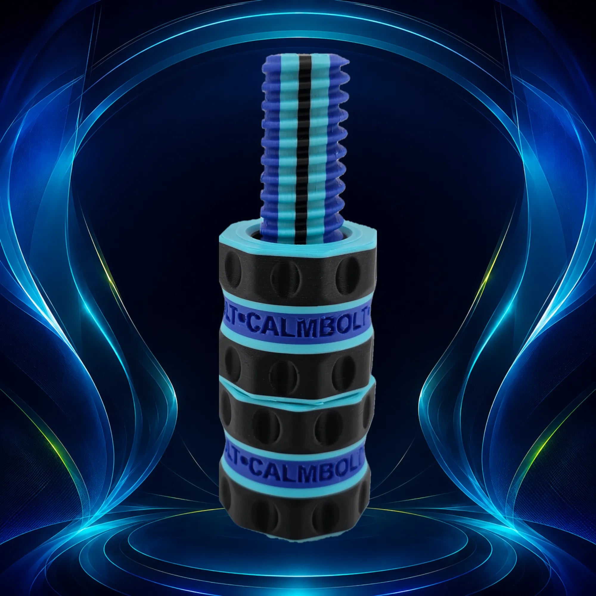 CalmBolt Hectorium limited edition by Hector, rotating fidget with bold blue, cyan, black, and neon detail