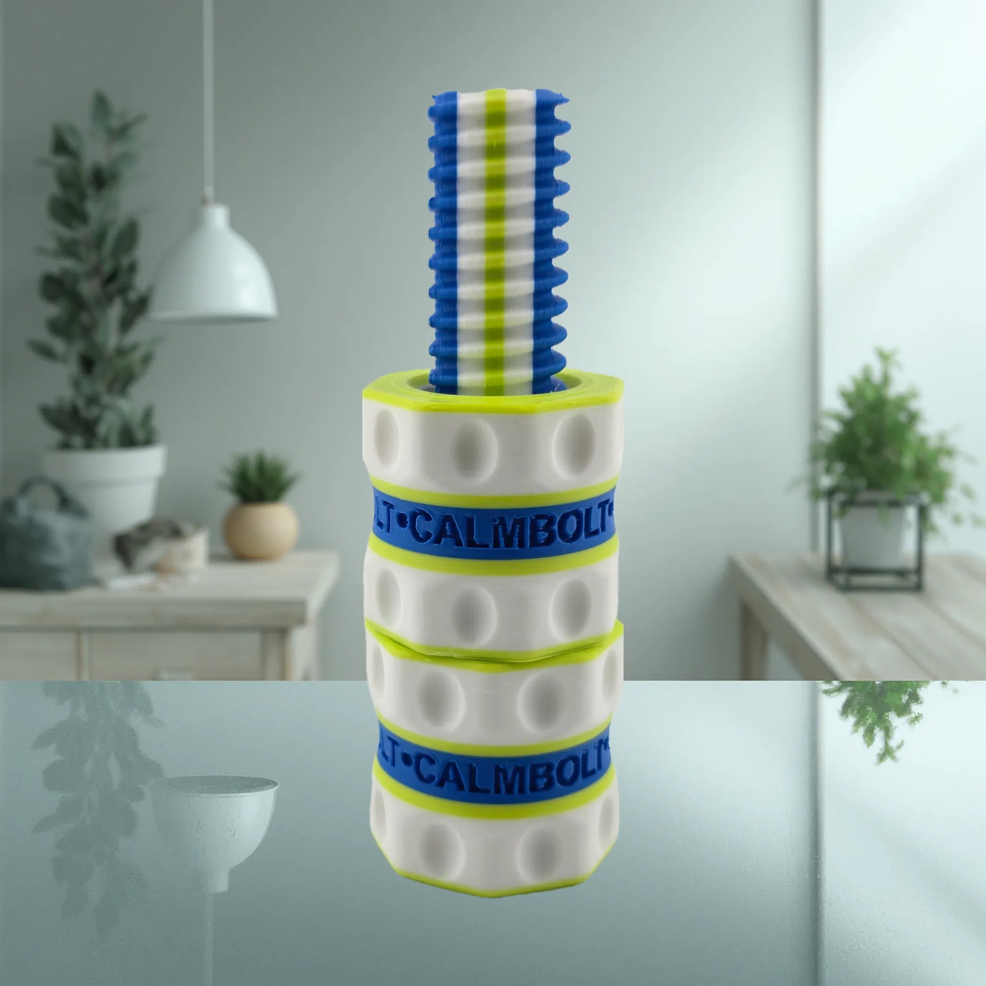 CalmBolt Indigo Lime rotating tactile fidget with three-color contrast blend and sculpted spiral form
