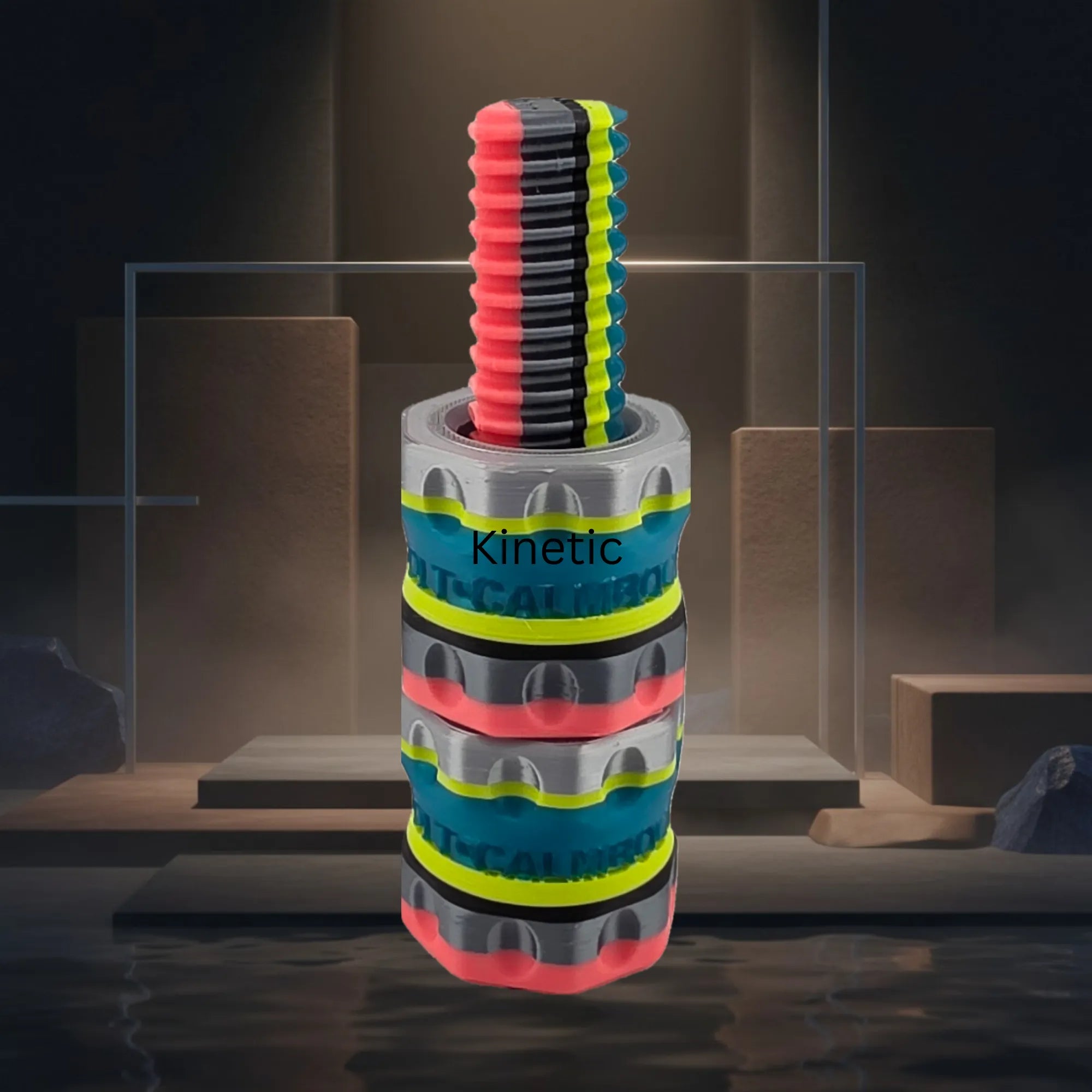CalmBolt Kinetic limited blend rotating fidget with electric turquoise, neon lime, black, silver, and coral contrast