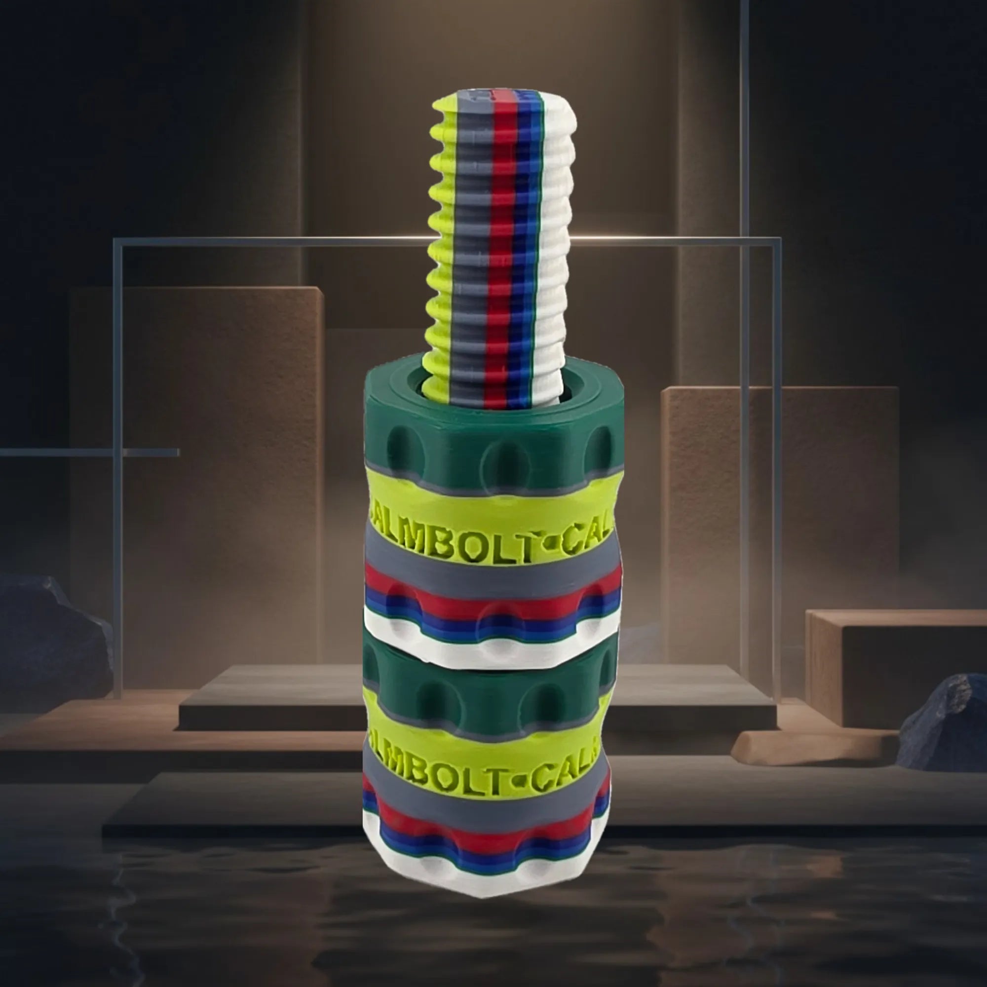 CalmBolt Nomad limited blend rotating fidget with layered green, lime, gray, red, blue, and white tones