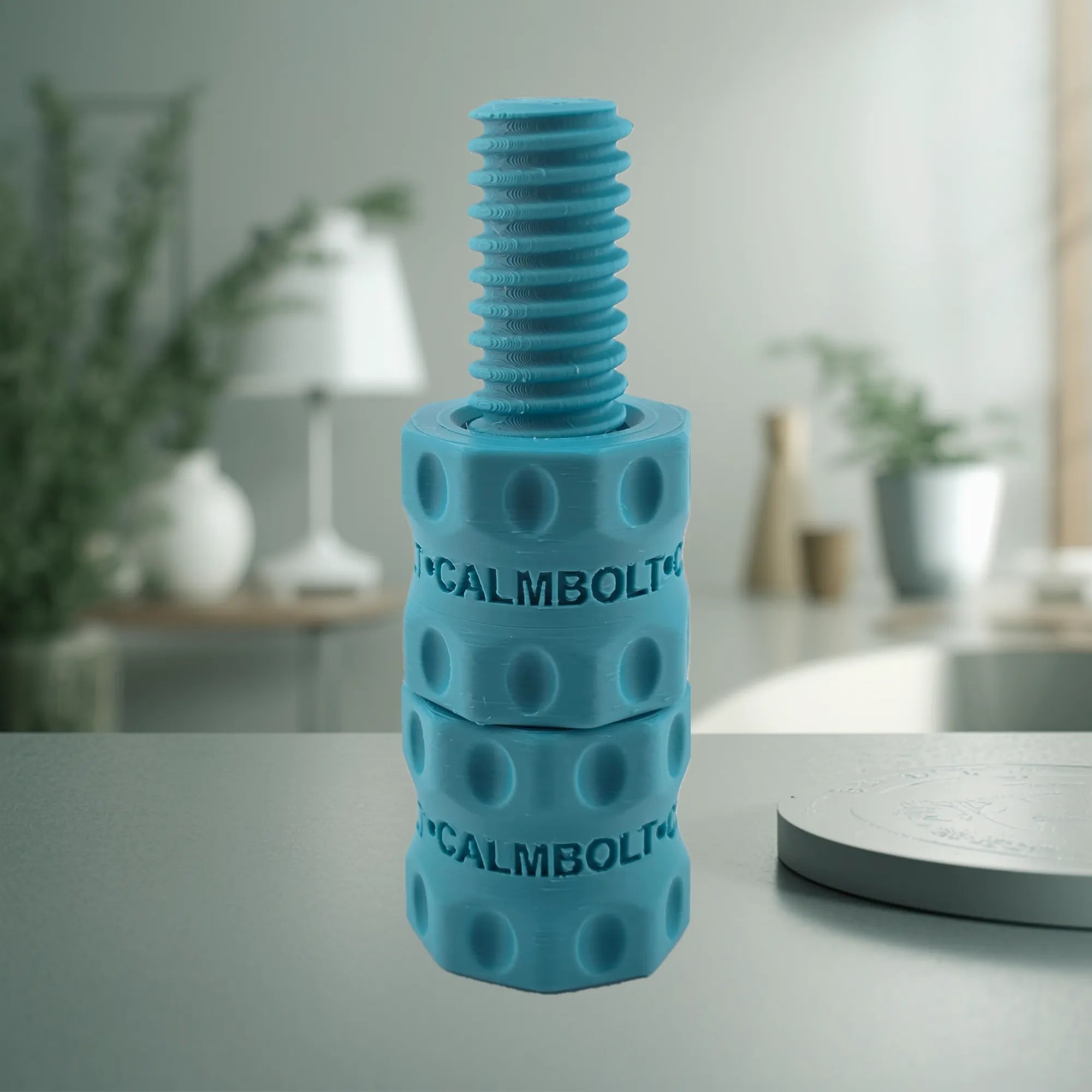 CalmBolt Sky tactile desk fidget with light blue finish and smooth rotating form