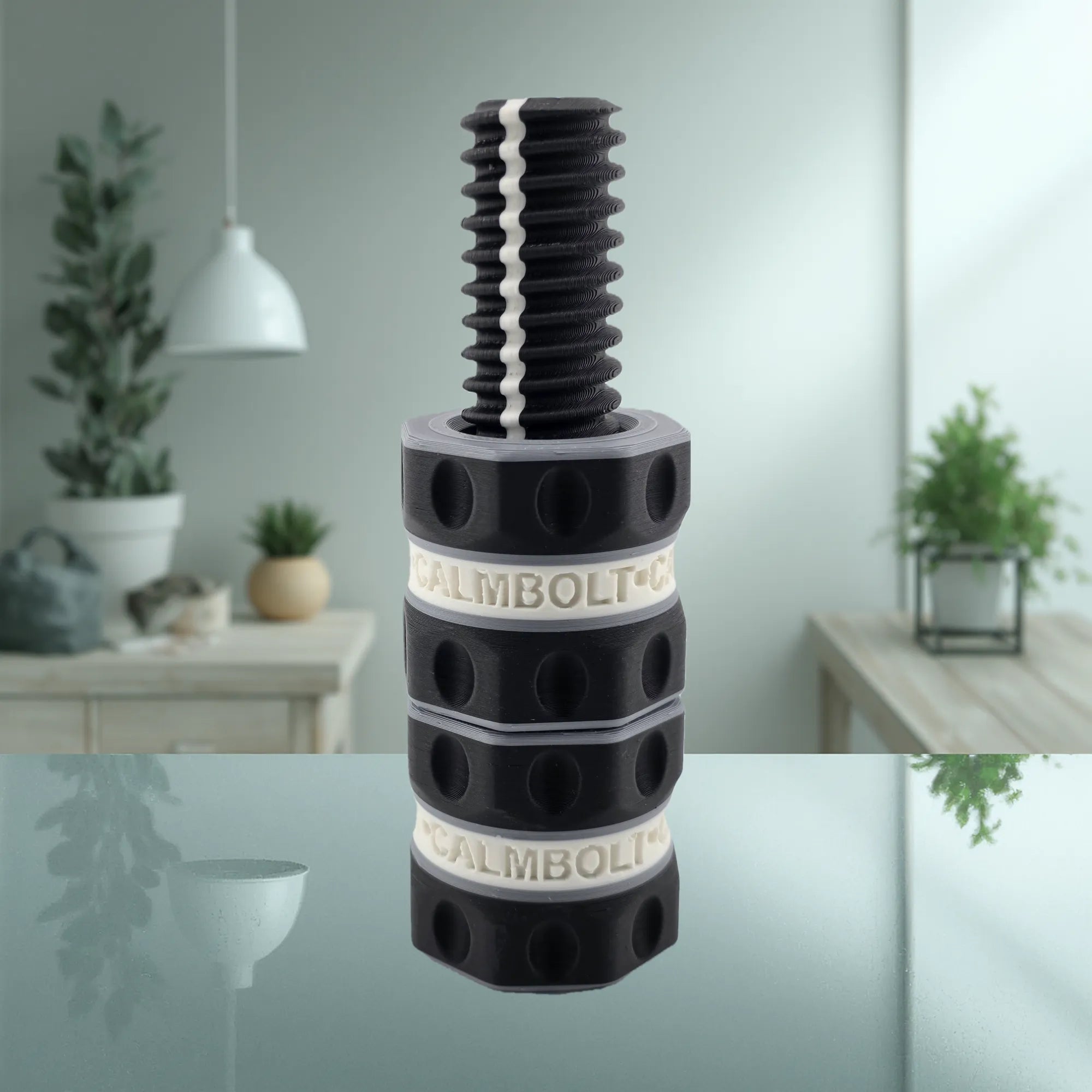 CalmBolt White Night tactile fidget with black-and-white contrast finish and precision threaded design