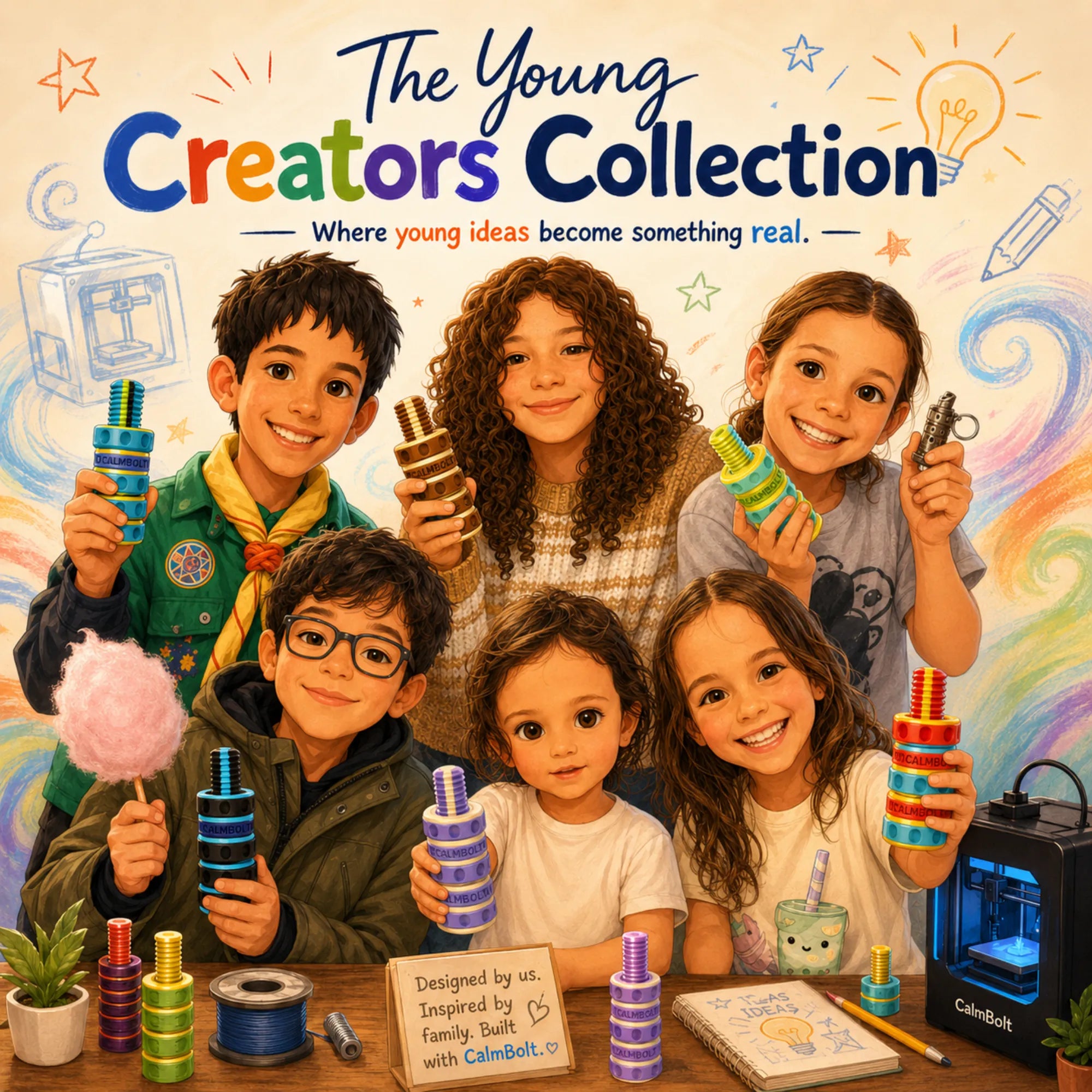 The Young Creators Collection cover featuring CalmBolt designs inspired by our nieces and nephews’ imagination, color ideas, and creativity.